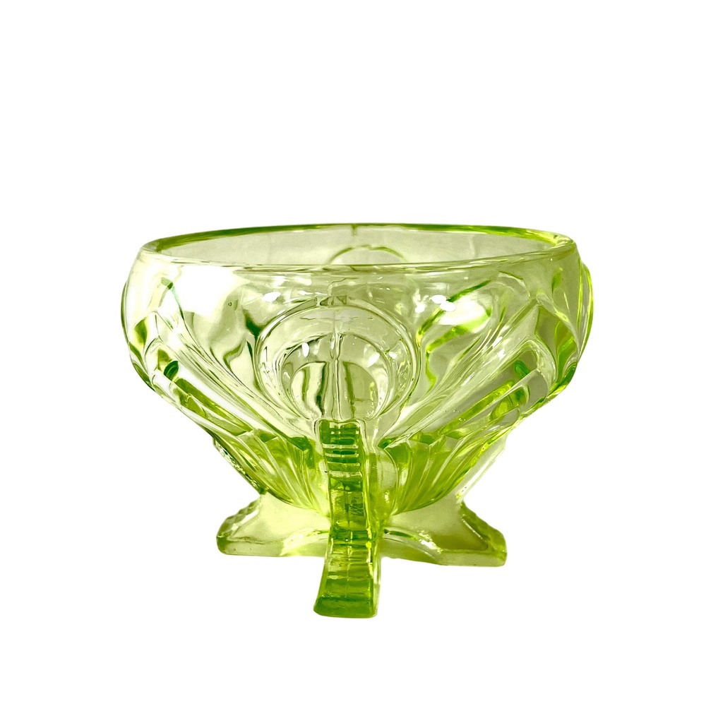 Vintage Vaseline Glass Footed Bowl Art Deco Pressed Pattern Yellow Green